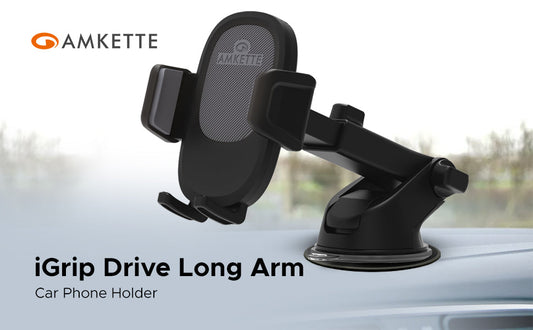 Amkette iGrip Drive Long Arm Premium Mobile Holder for Car with Quick Release Function | Strong and Durable Car Phone Holder | Telescopic Adjustable Arm and Bottom Foot | 360 Degree Rotation (Black)
